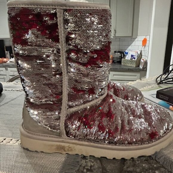 UGG Classic Short Sequin Boots - Silver, Red, and Green - Picture 2 of 4